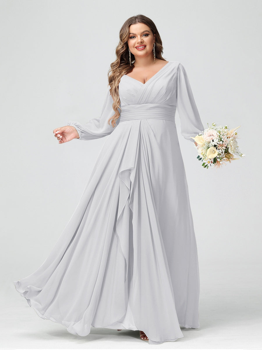 A-Line/Princess V-Neck Long Sleeves Chiffon Ruffles Plus Size Bridesmaid Dresses with Pockets - 이미지 15