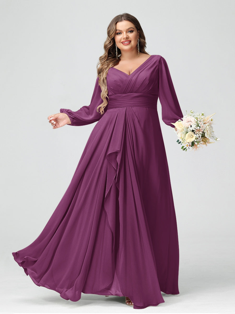 A-Line/Princess V-Neck Long Sleeves Chiffon Ruffles Plus Size Bridesmaid Dresses with Pockets - 이미지 39