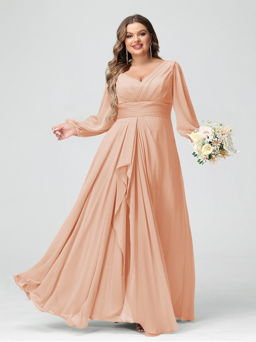 A-Line/Princess V-Neck Long Sleeves Chiffon Ruffles Plus Size Bridesmaid Dresses with Pockets - 이미지 24