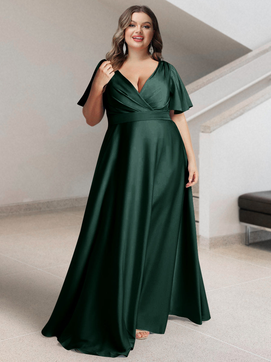 A-Line/Princess V-Neck Short Sleeves Silk Satin Plus Size Bridesmaid Dresses with Pockets - 이미지 5