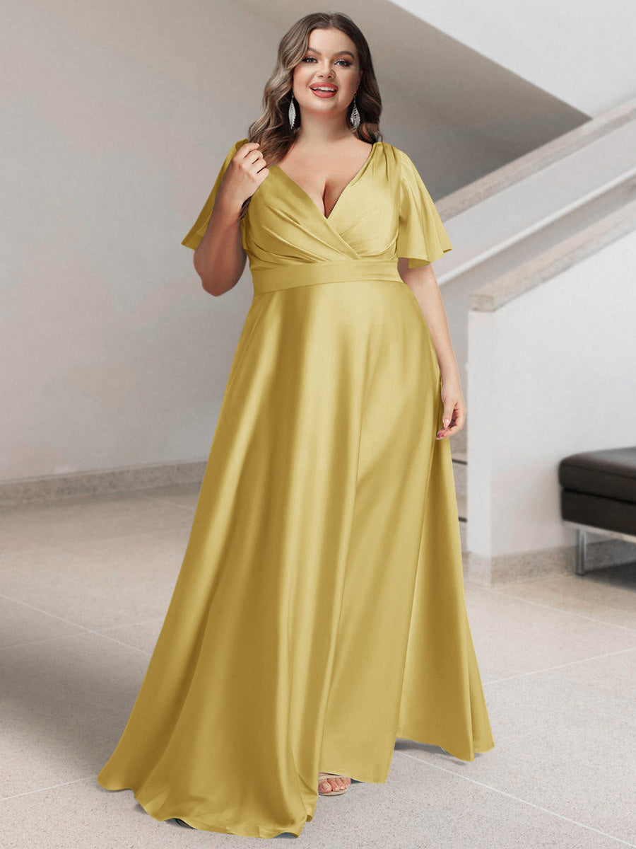 A-Line/Princess V-Neck Short Sleeves Silk Satin Plus Size Bridesmaid Dresses with Pockets - 이미지 48