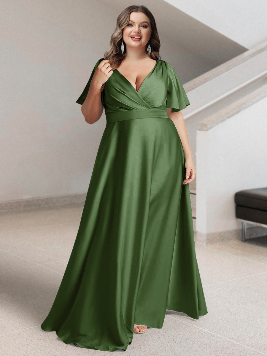 A-Line/Princess V-Neck Short Sleeves Silk Satin Plus Size Bridesmaid Dresses with Pockets - 이미지 44
