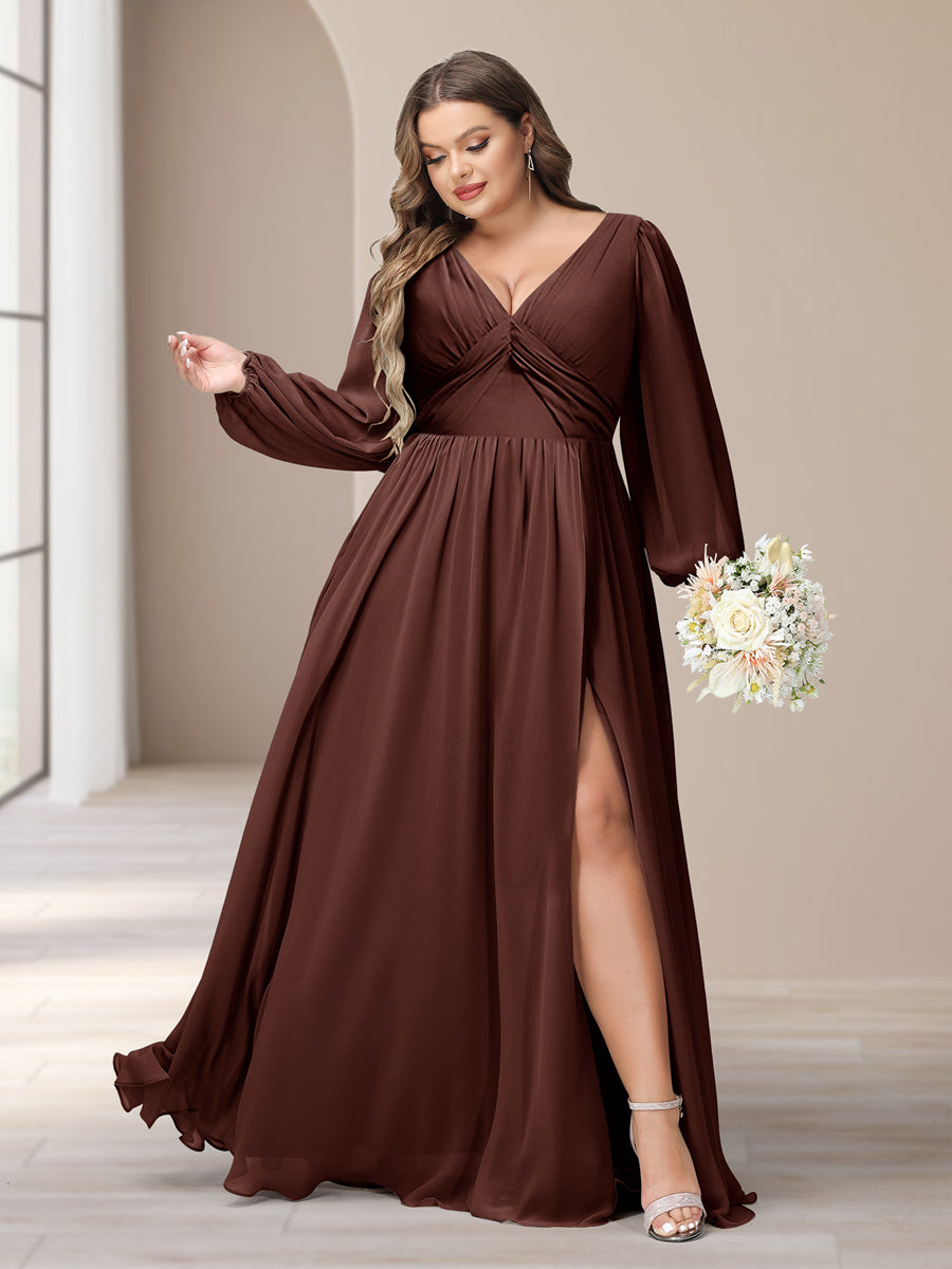 A-Line/Princess V-Neck Long Sleeves Chiffon Long Plus Size Bridesmaid Dresses With Split Side - Image 70