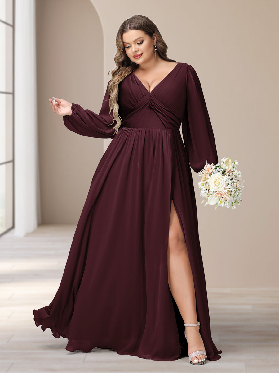 A-Line/Princess V-Neck Long Sleeves Chiffon Long Plus Size Bridesmaid Dresses With Split Side - Image 7