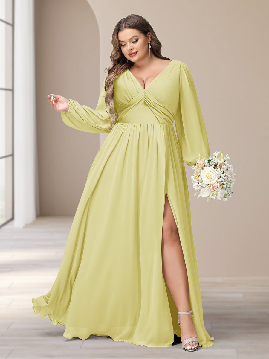 A-Line/Princess V-Neck Long Sleeves Chiffon Long Plus Size Bridesmaid Dresses With Split Side - Image 63