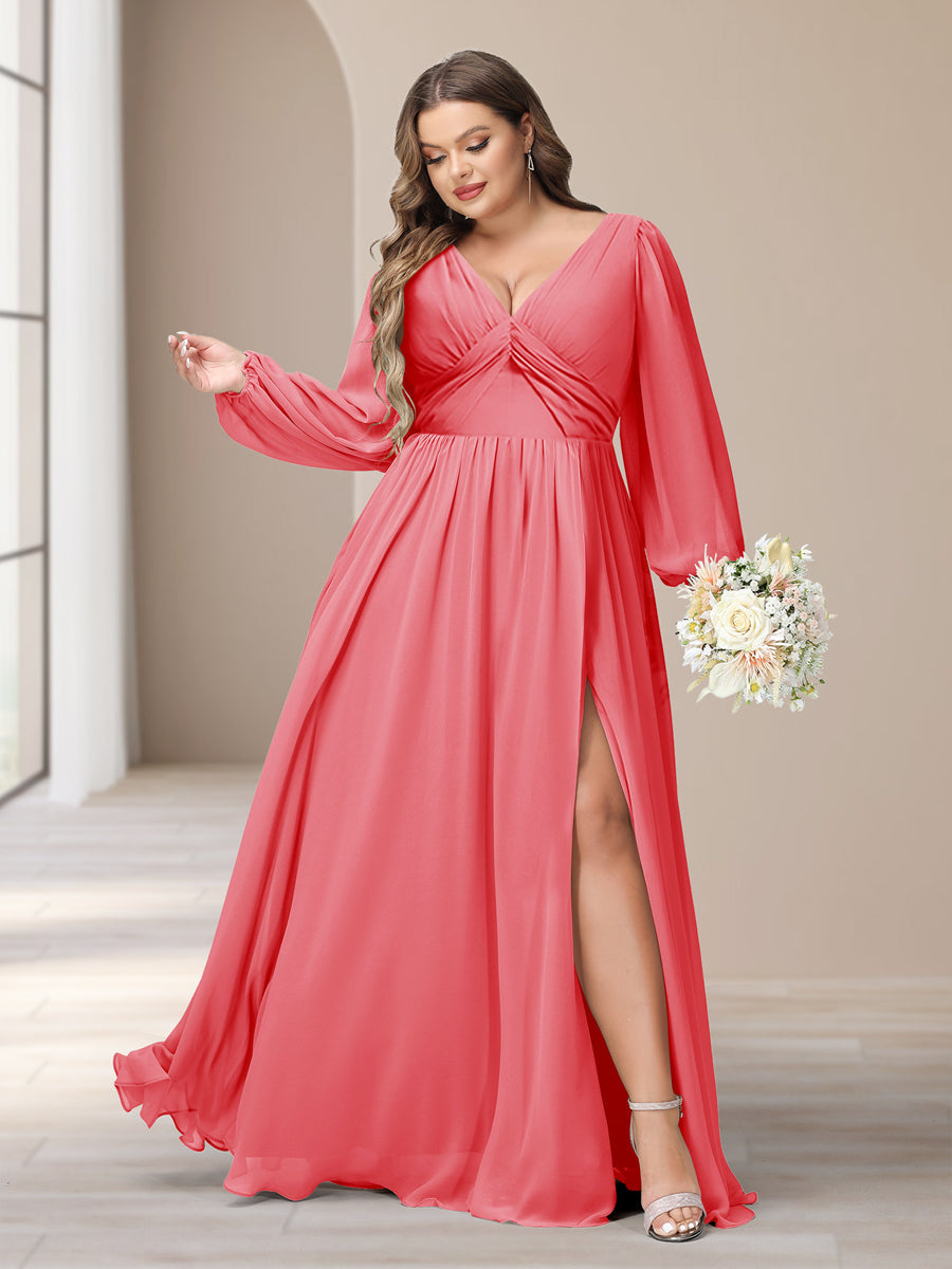 A-Line/Princess V-Neck Long Sleeves Chiffon Long Plus Size Bridesmaid Dresses With Split Side - Image 26