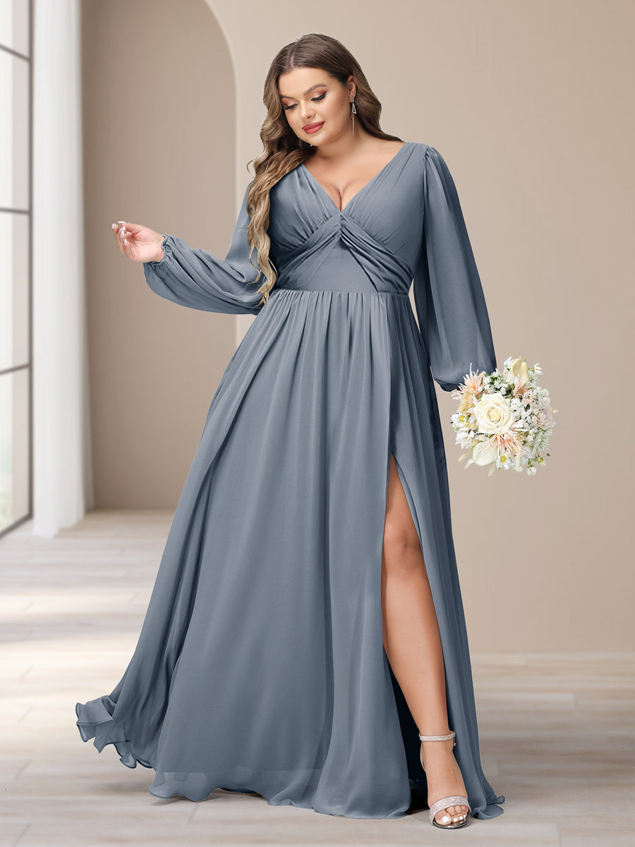 A-Line/Princess V-Neck Long Sleeves Chiffon Long Plus Size Bridesmaid Dresses With Split Side - Image 5