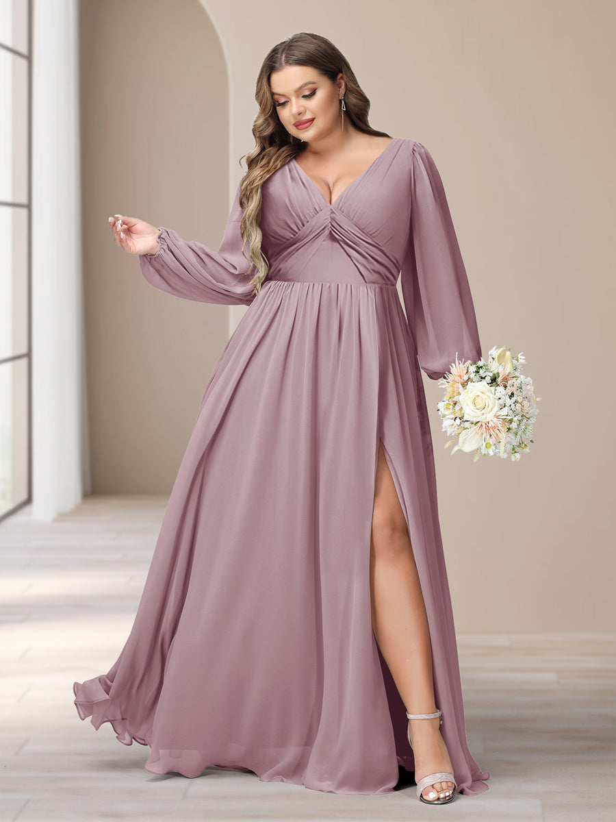 A-Line/Princess V-Neck Long Sleeves Chiffon Long Plus Size Bridesmaid Dresses With Split Side - Image 24
