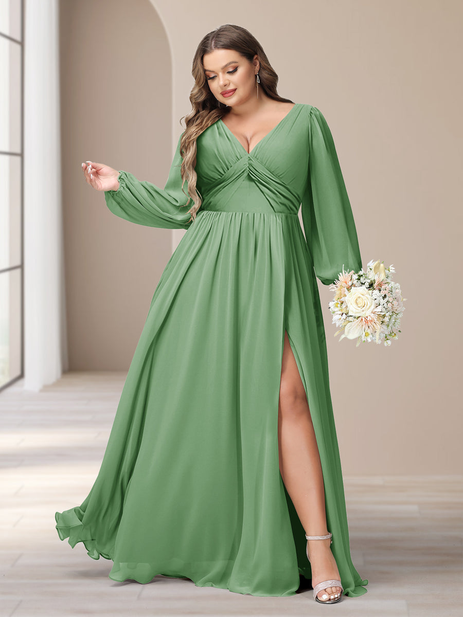 A-Line/Princess V-Neck Long Sleeves Chiffon Long Plus Size Bridesmaid Dresses With Split Side - Image 10
