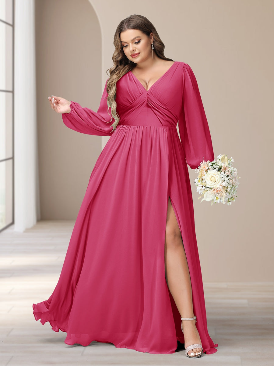 A-Line/Princess V-Neck Long Sleeves Chiffon Long Plus Size Bridesmaid Dresses With Split Side - Image 28