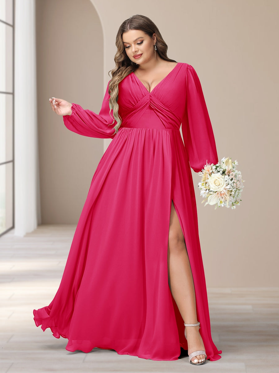A-Line/Princess V-Neck Long Sleeves Chiffon Long Plus Size Bridesmaid Dresses With Split Side - Image 29