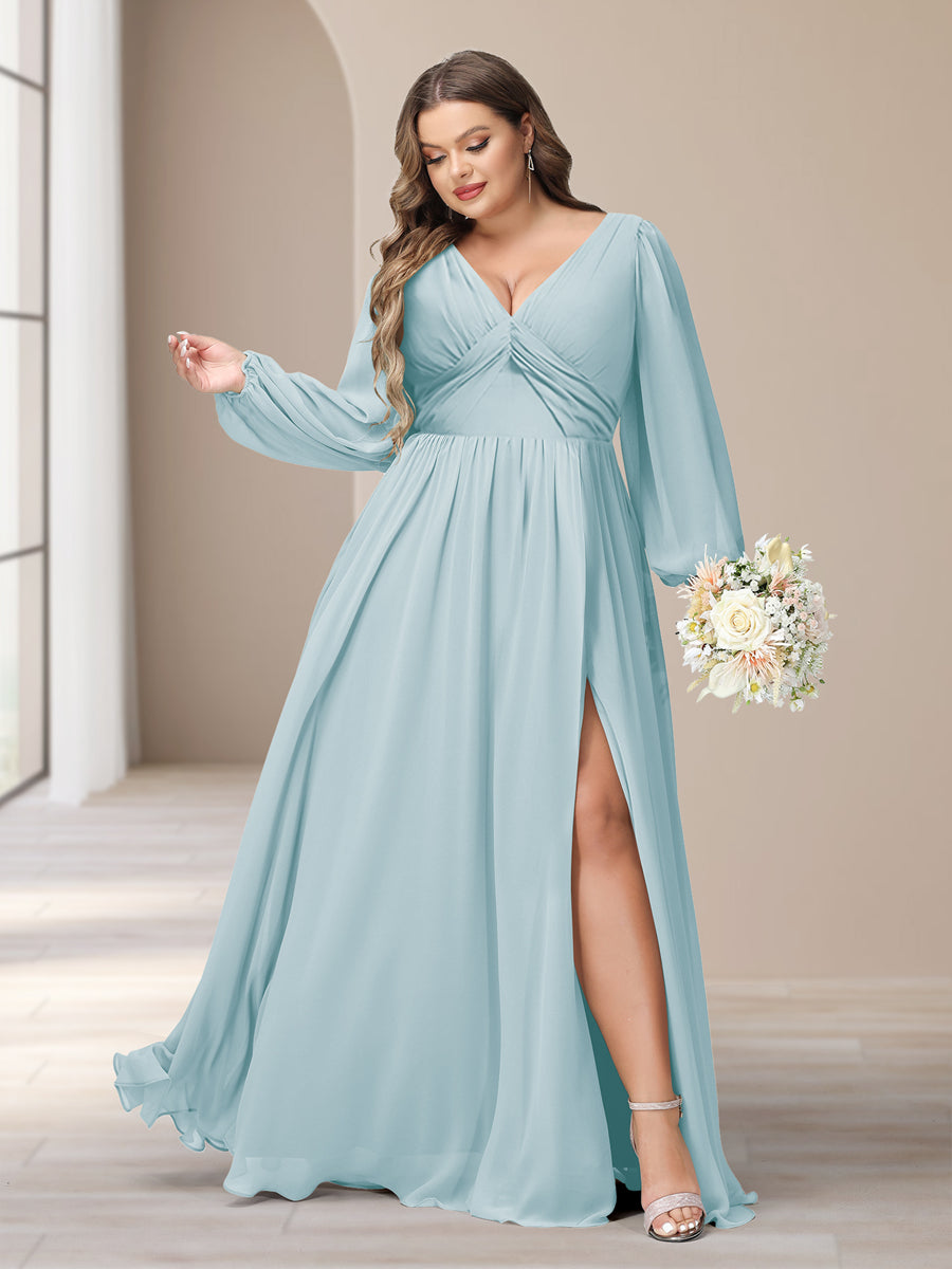 A-Line/Princess V-Neck Long Sleeves Chiffon Long Plus Size Bridesmaid Dresses With Split Side - Image 41
