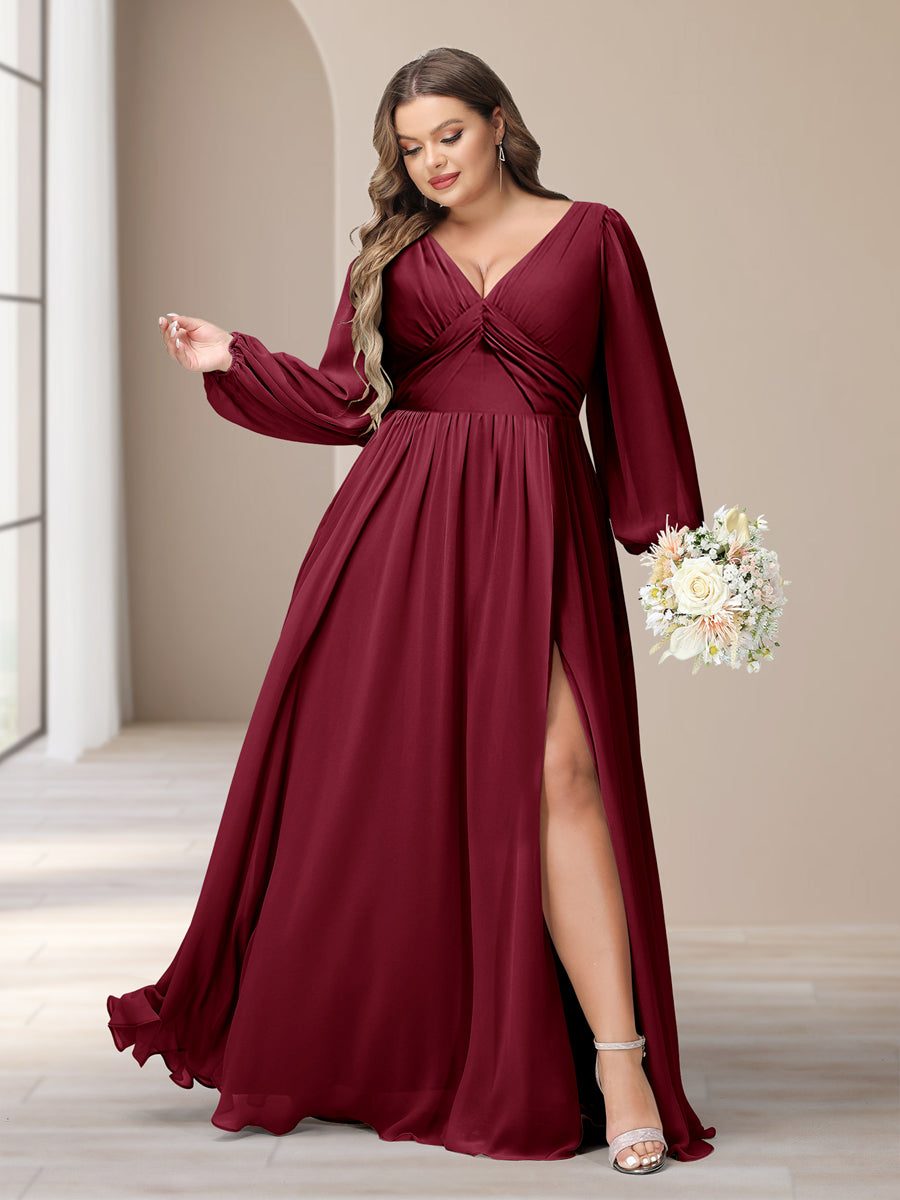 A-Line/Princess V-Neck Long Sleeves Chiffon Long Plus Size Bridesmaid Dresses With Split Side - Image 32