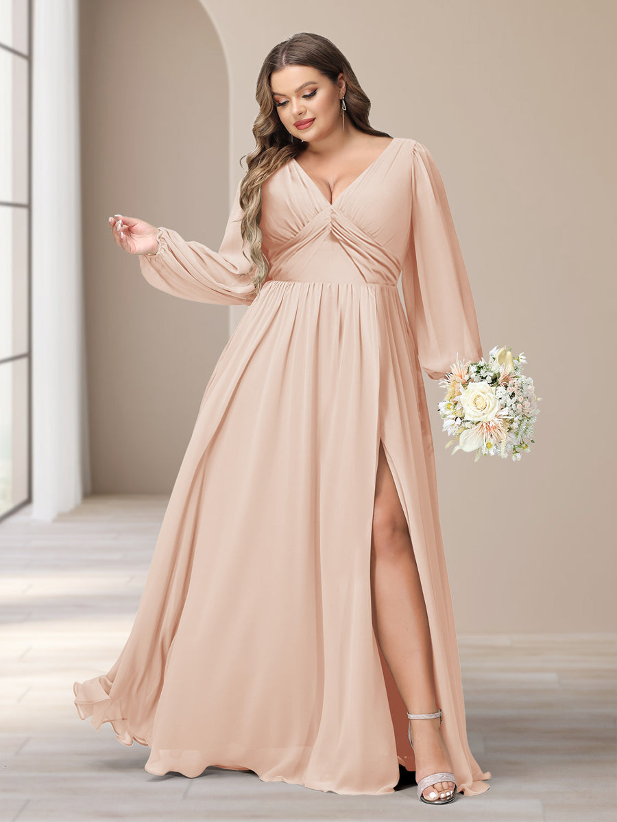 A-Line/Princess V-Neck Long Sleeves Chiffon Long Plus Size Bridesmaid Dresses With Split Side - Image 17