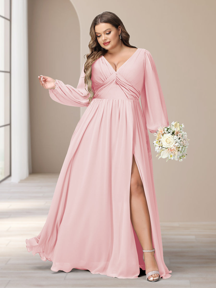 A-Line/Princess V-Neck Long Sleeves Chiffon Long Plus Size Bridesmaid Dresses With Split Side - Image 21
