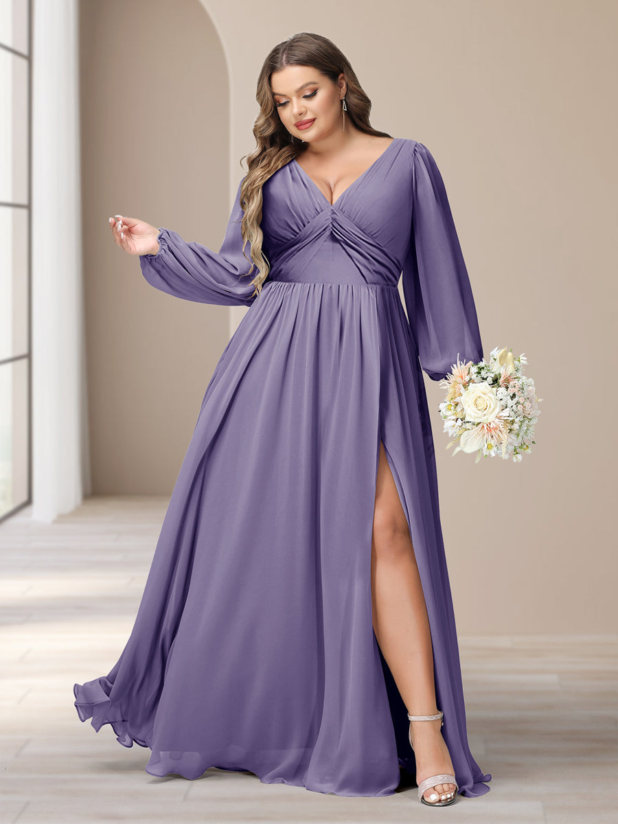 A-Line/Princess V-Neck Long Sleeves Chiffon Long Plus Size Bridesmaid Dresses With Split Side - Image 35