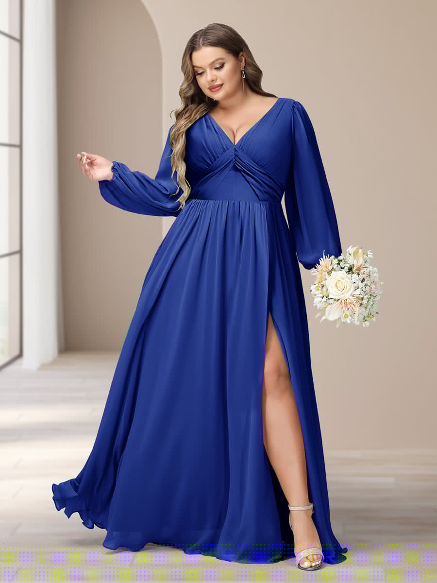 A-Line/Princess V-Neck Long Sleeves Chiffon Long Plus Size Bridesmaid Dresses With Split Side - Image 48