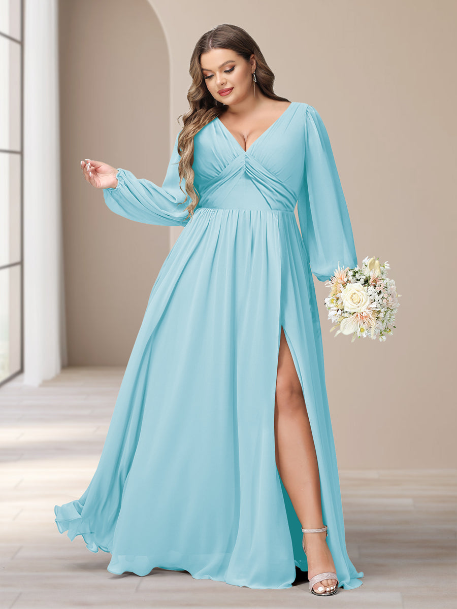 A-Line/Princess V-Neck Long Sleeves Chiffon Long Plus Size Bridesmaid Dresses With Split Side - Image 43