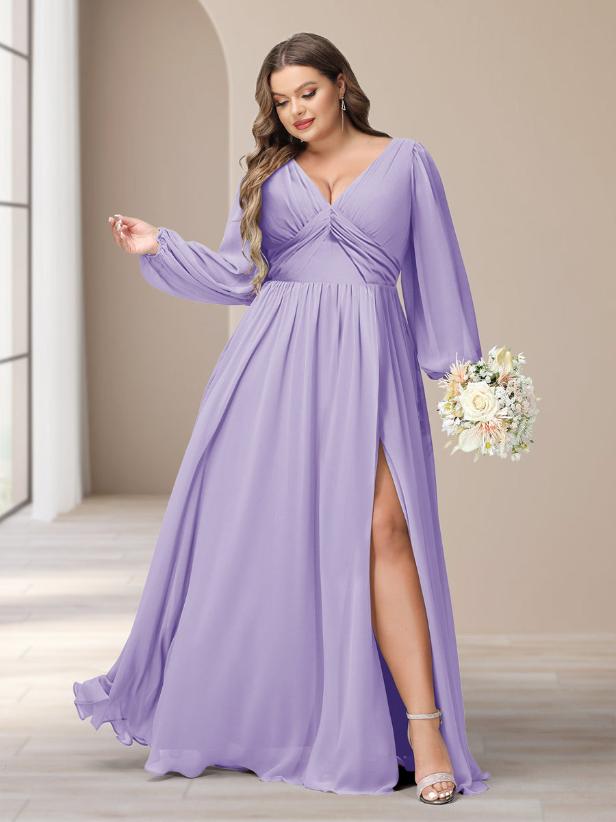 A-Line/Princess V-Neck Long Sleeves Chiffon Long Plus Size Bridesmaid Dresses With Split Side - Image 8