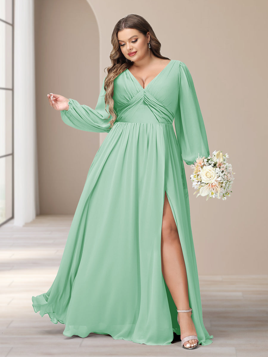 A-Line/Princess V-Neck Long Sleeves Chiffon Long Plus Size Bridesmaid Dresses With Split Side - Image 55