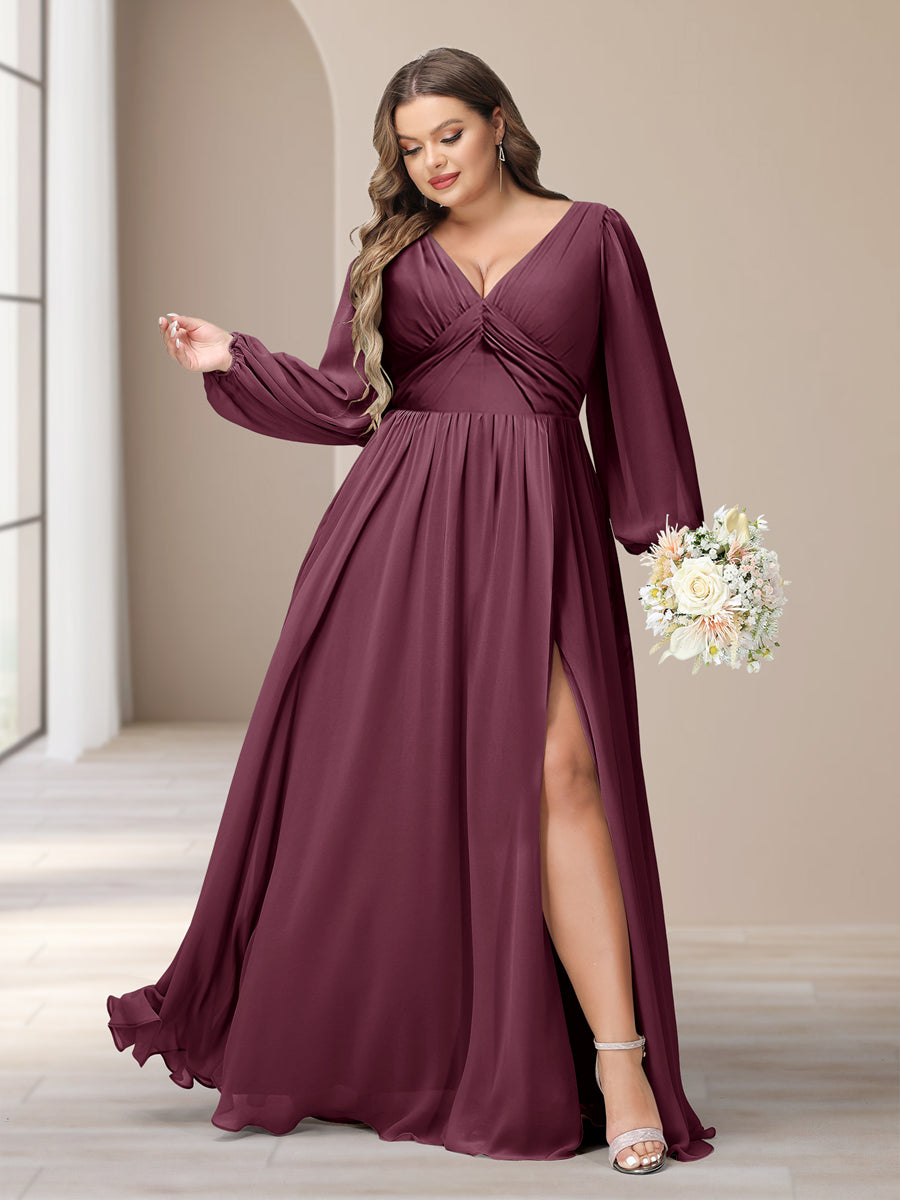 A-Line/Princess V-Neck Long Sleeves Chiffon Long Plus Size Bridesmaid Dresses With Split Side - Image 37