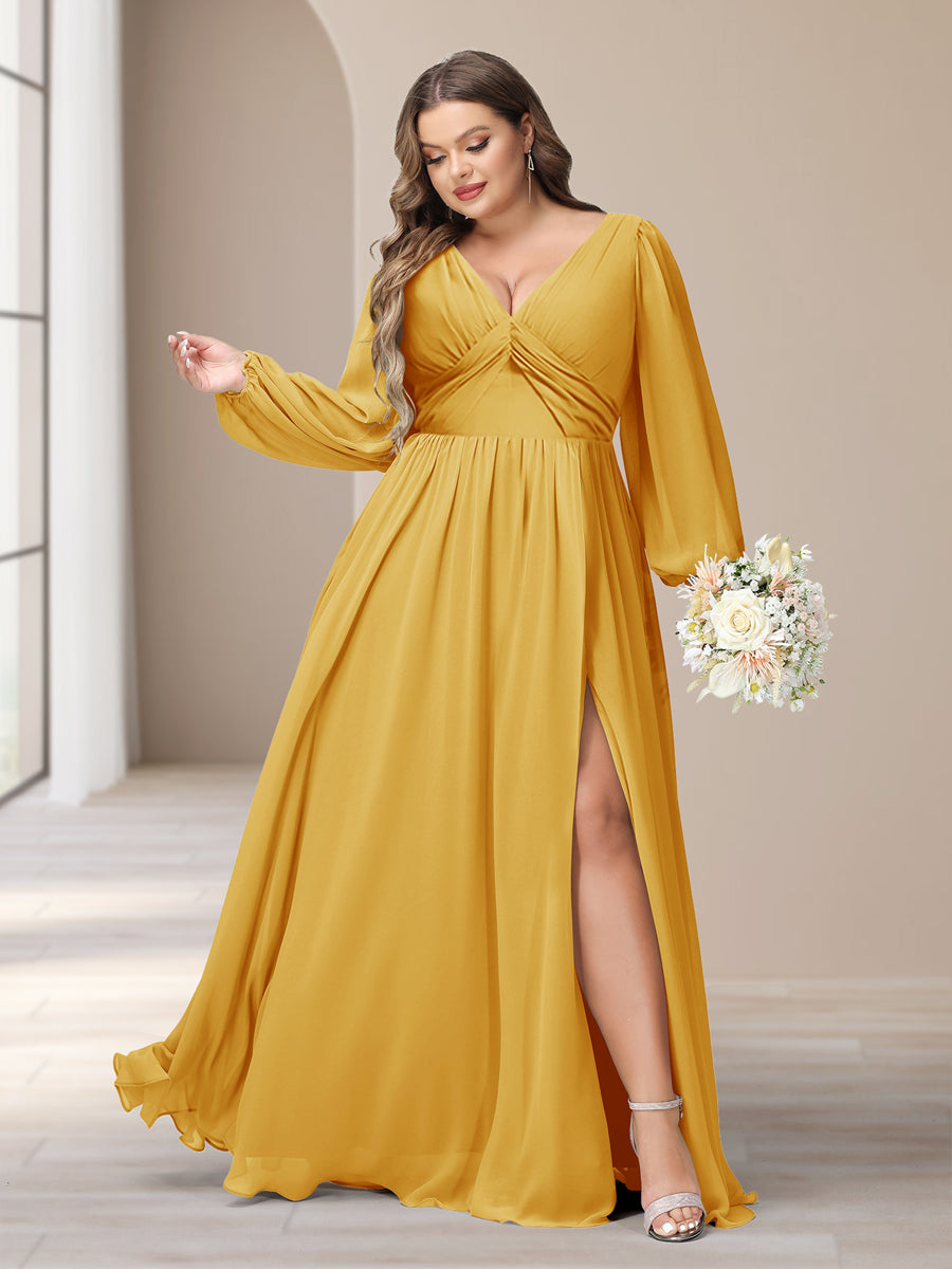 A-Line/Princess V-Neck Long Sleeves Chiffon Long Plus Size Bridesmaid Dresses With Split Side - Image 64