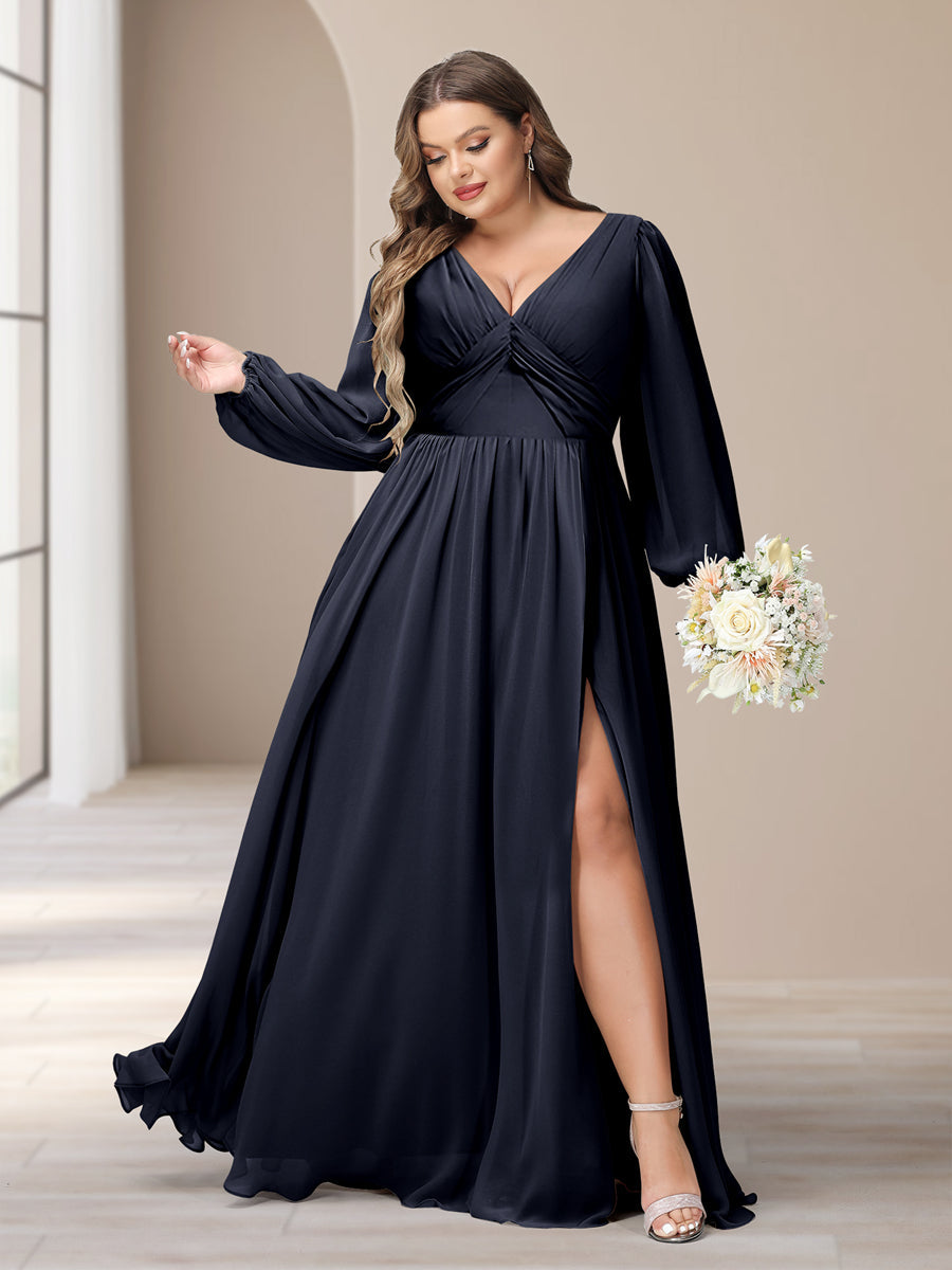 A-Line/Princess V-Neck Long Sleeves Chiffon Long Plus Size Bridesmaid Dresses With Split Side - Image 53