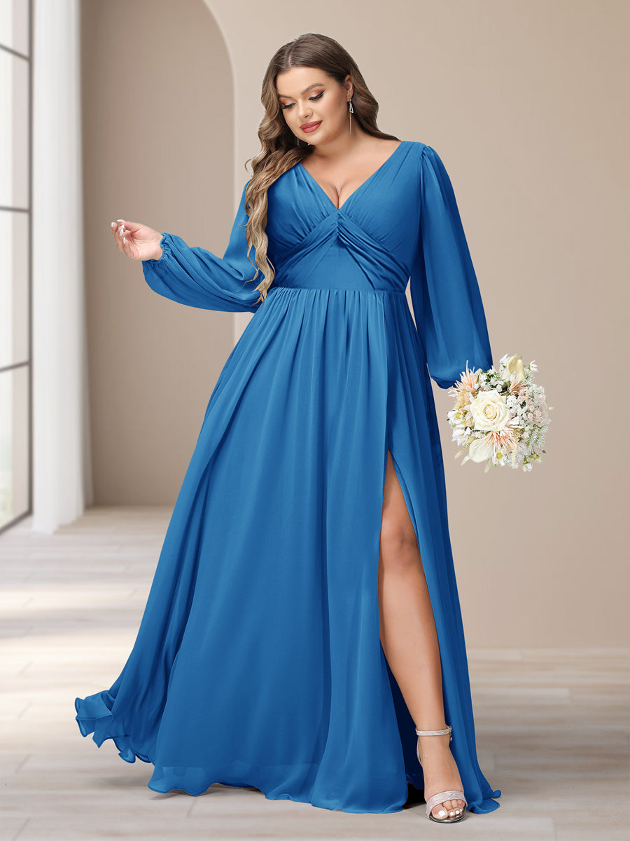 A-Line/Princess V-Neck Long Sleeves Chiffon Long Plus Size Bridesmaid Dresses With Split Side - Image 47