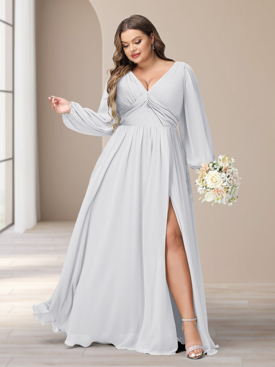 A-Line/Princess V-Neck Long Sleeves Chiffon Long Plus Size Bridesmaid Dresses With Split Side - Image 14
