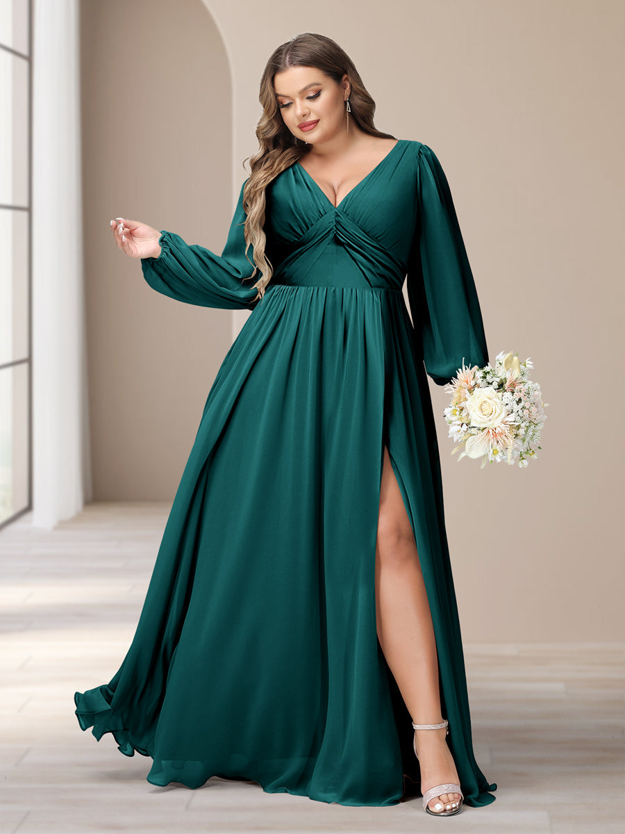 A-Line/Princess V-Neck Long Sleeves Chiffon Long Plus Size Bridesmaid Dresses With Split Side - Image 60