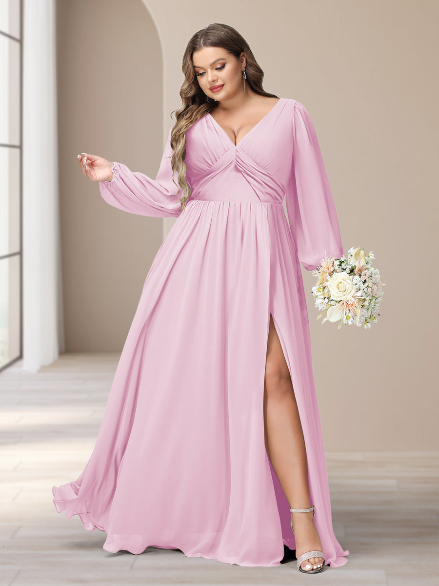 A-Line/Princess V-Neck Long Sleeves Chiffon Long Plus Size Bridesmaid Dresses With Split Side - Image 19