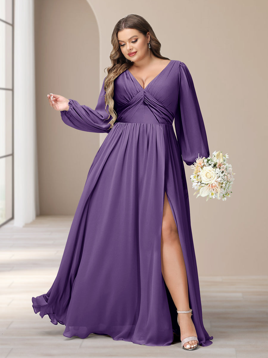 A-Line/Princess V-Neck Long Sleeves Chiffon Long Plus Size Bridesmaid Dresses With Split Side - Image 36