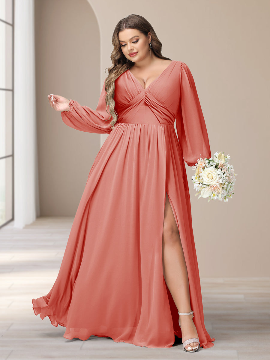 A-Line/Princess V-Neck Long Sleeves Chiffon Long Plus Size Bridesmaid Dresses With Split Side - Image 9