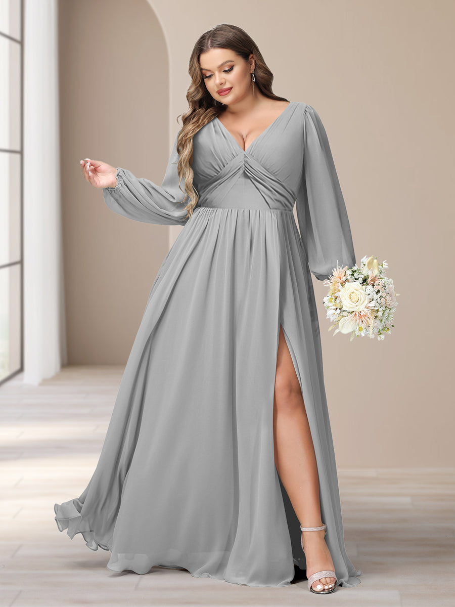 A-Line/Princess V-Neck Long Sleeves Chiffon Long Plus Size Bridesmaid Dresses With Split Side - Image 16