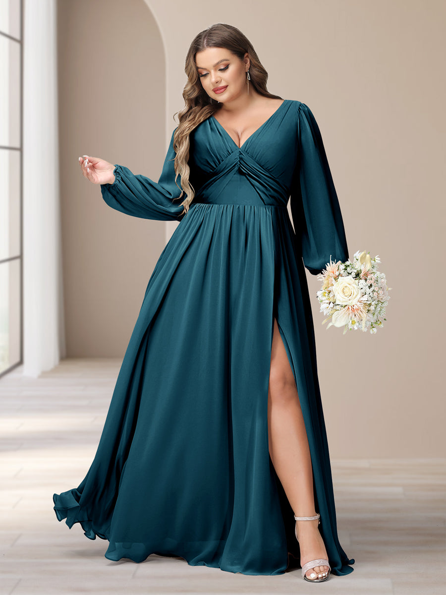 A-Line/Princess V-Neck Long Sleeves Chiffon Long Plus Size Bridesmaid Dresses With Split Side - Image 52