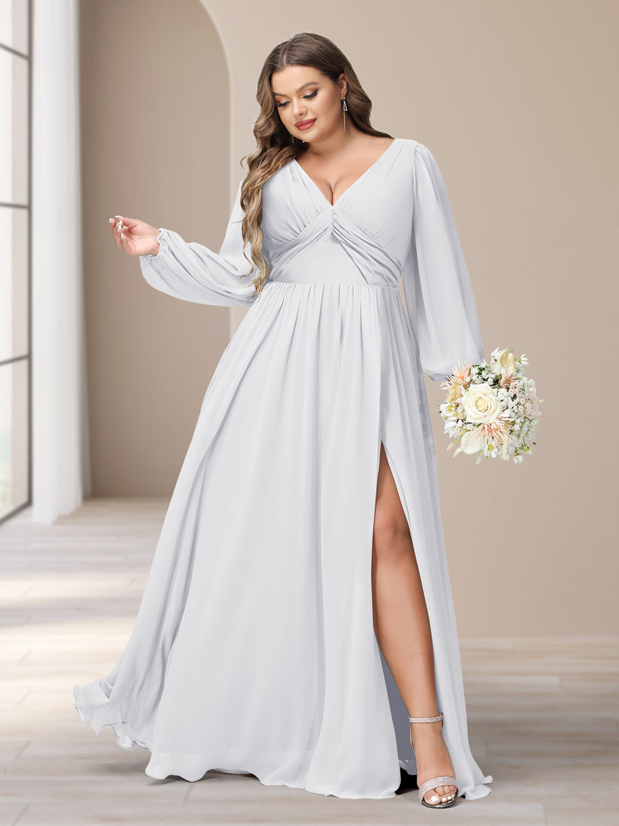 A-Line/Princess V-Neck Long Sleeves Chiffon Long Plus Size Bridesmaid Dresses With Split Side - Image 13