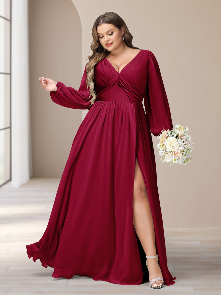 A-Line/Princess V-Neck Long Sleeves Chiffon Long Plus Size Bridesmaid Dresses With Split Side - Image 31