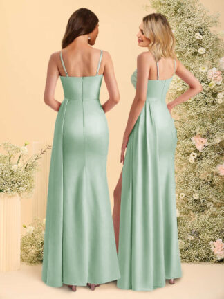 Sheath/Column Spaghetti Straps Long Bridesmaid Dresses with Split Side & Ruched