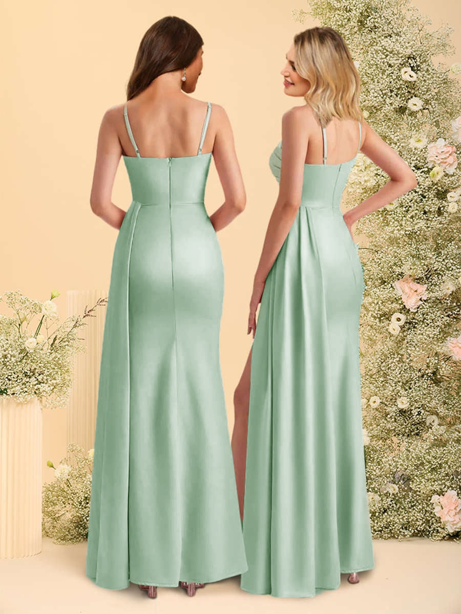 Sheath/Column Spaghetti Straps Long Bridesmaid Dresses with Split Side & Ruched - 이미지 2