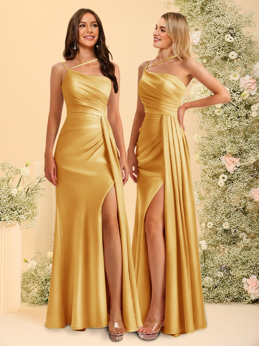 Sheath/Column Spaghetti Straps Long Bridesmaid Dresses with Split Side & Ruched - 이미지 71