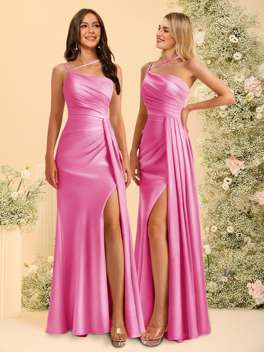 Sheath/Column Spaghetti Straps Long Bridesmaid Dresses with Split Side & Ruched - 이미지 33
