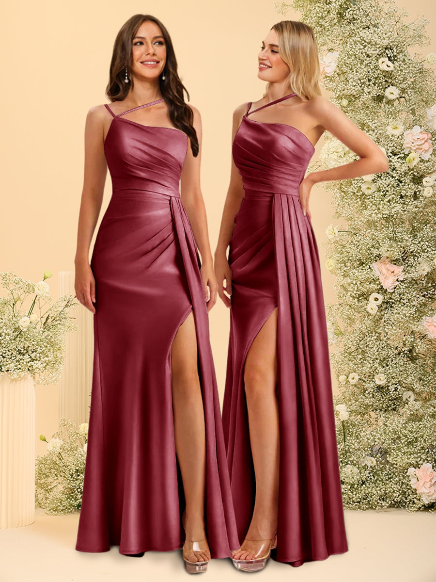 Sheath/Column Spaghetti Straps Long Bridesmaid Dresses with Split Side & Ruched - 이미지 38