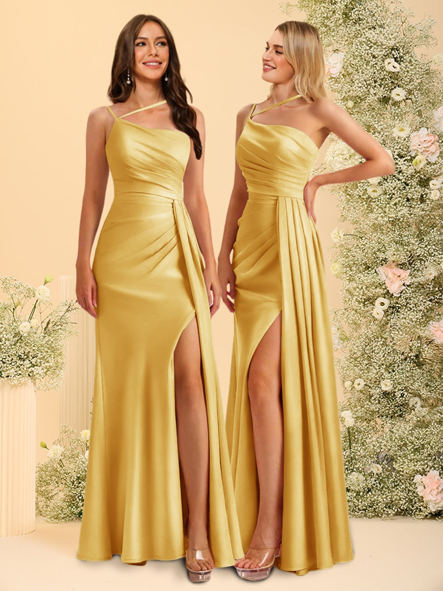 Sheath/Column Spaghetti Straps Long Bridesmaid Dresses with Split Side & Ruched - 이미지 70