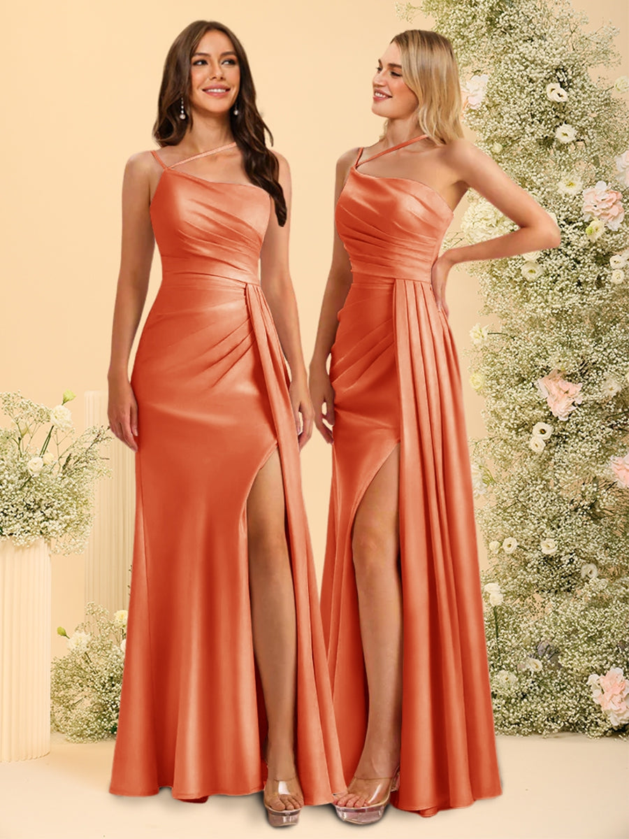 Sheath/Column Spaghetti Straps Long Bridesmaid Dresses with Split Side & Ruched - 이미지 72