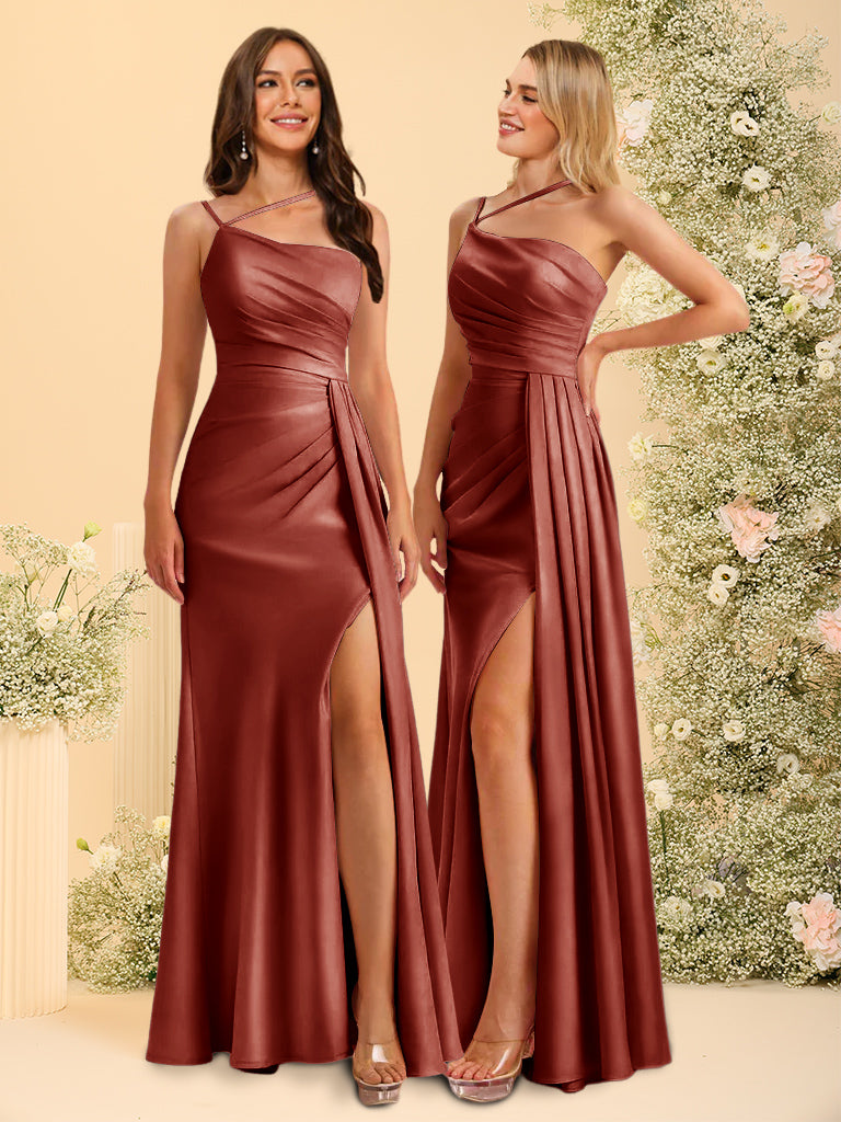 Sheath/Column Spaghetti Straps Long Bridesmaid Dresses with Split Side & Ruched - 이미지 13