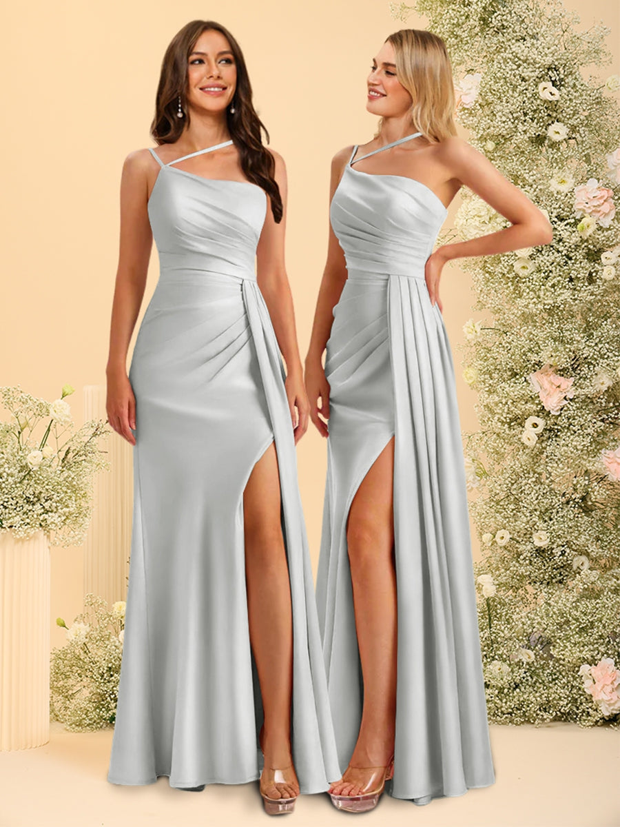 Sheath/Column Spaghetti Straps Long Bridesmaid Dresses with Split Side & Ruched - 이미지 22