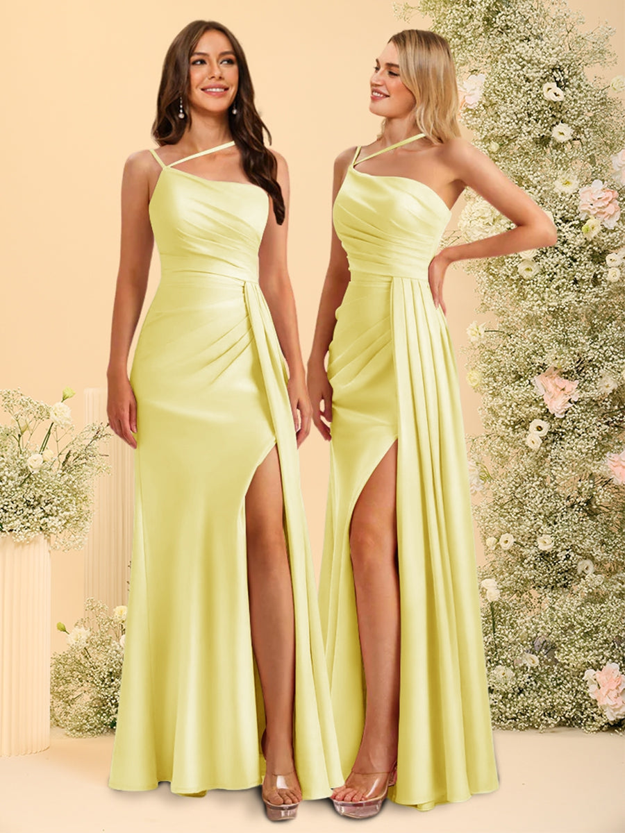 Sheath/Column Spaghetti Straps Long Bridesmaid Dresses with Split Side & Ruched - 이미지 68