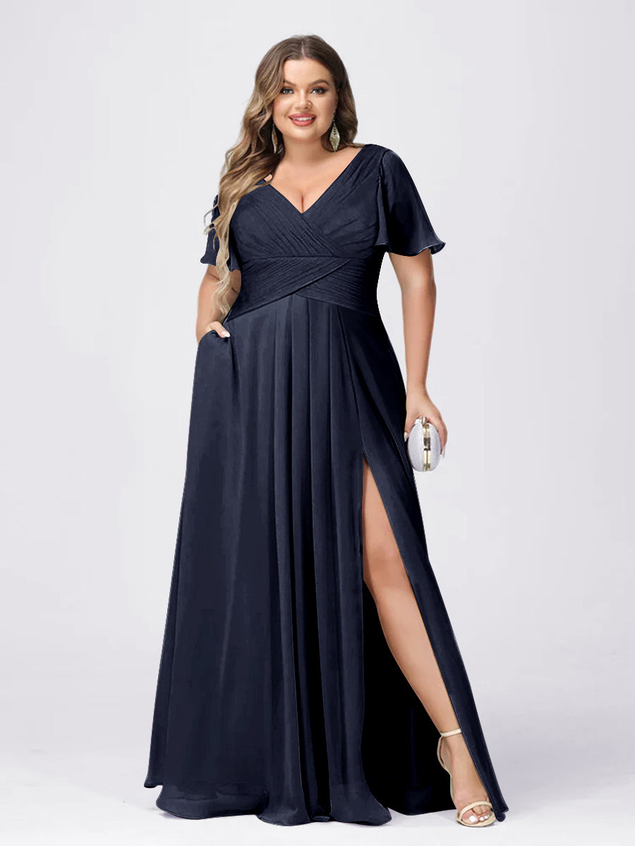 A Line/Princess V-Neck Short Sleeves Plus Size Bridesmaid Dresses with Split Side - 画像 (54)