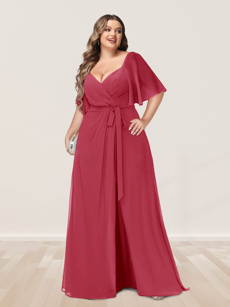 A-Line/Princess V-Neck Half Sleeves Plus Size Bridesmaid Dresses with Split Side - 이미지 29