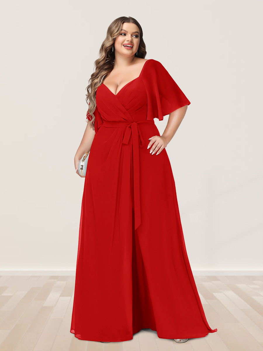 A-Line/Princess V-Neck Half Sleeves Plus Size Bridesmaid Dresses with Split Side - 이미지 31